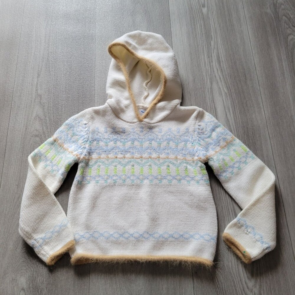 Old Navy Girls Hooded Knit Pullover Sweater With Beaded Pattern Ivory Blue Green